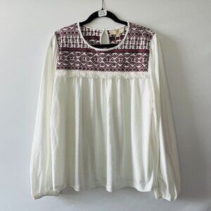 NWT Farmers Market White Maroon Fur Trim Embroidered Long Sleeve Top Size XL